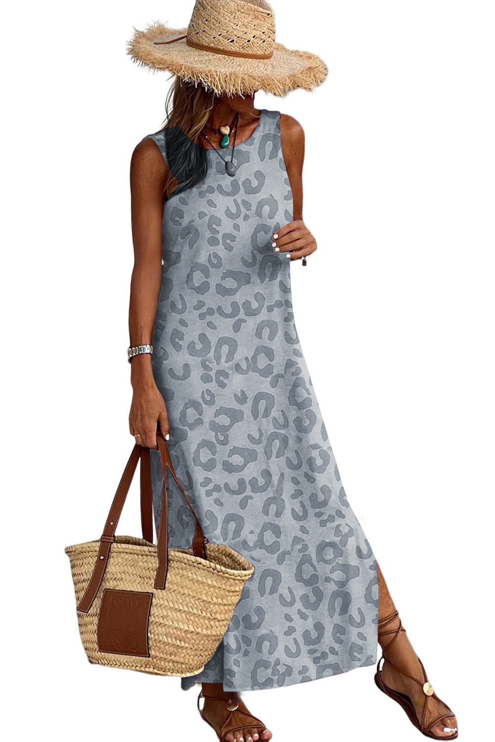 Gray Leopard Print Sleeveless Maxi Dress