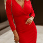 Fiery Red Long Sleeves Wrap V Neck Ruched Sheath Bodycon Dress