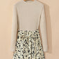 Beige Ribbed Knit Patchwork Printed Belted A-line Dress