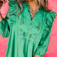 Bright Green Embroidered Ruffled Trim 3/4 Sleeve V Neck Mini Dress