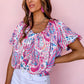 Paisley Pattern Print Puff Sleeve V Neck Blouse