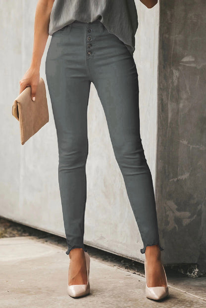 Gray Plain High Waist Buttons Frayed Cropped Denim Jeans