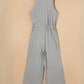 Gray Ribbed Knit Buttons Drawstring Sleeveless Jumpsuit