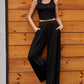 Black Textured Sleeveless Crop Top and Wide Leg Pants Outfit