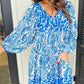 Sky Blue Bohemian Print Puff Sleeve Tied V Neck Flared Mini Dress