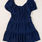 Navy Blue Swiss Dot Jacquard Puff Sleeve Crossover Tied Tiered Dress