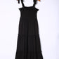 Black Tie Strap Smocked Frill Tiered Midi Dress