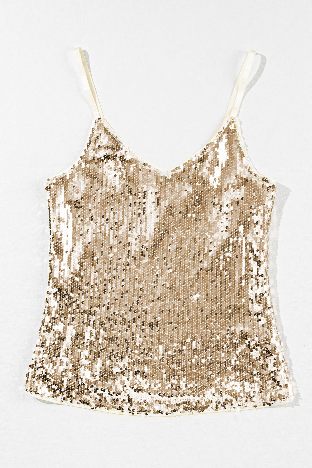 Light French Beige Sequined Adjustable Spaghetti Straps Tank Top