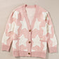 Pink Sherpa Star Pattern Textured Sweater Cardigan with Pockets