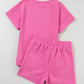 Strawberry Pink 2pcs Solid Textured Drawstring Shorts Set