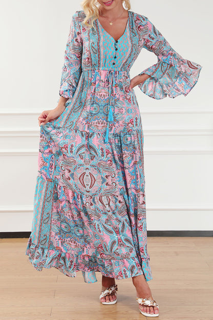 Paisley Printed Ruffle Trim Elegant Maxi Dress