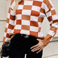 Orange Checkered Ribbed Edge O Neck Drop Shoulder Sweater