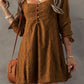 Chestnut Lace Crochet Buttoned Square Neck Shift Mini Dress