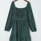 Green Ruched Square Neck Puff Sleeve Mini Dress