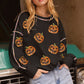 Black Sequin Pumpkin Face Graphic Exposed Seam Halloween Sweatshirt