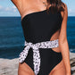 Black Asymmetric Cutout Belted One-piece Swimwear