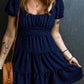 Navy Blue Swiss Dot Jacquard Puff Sleeve Crossover Tied Tiered Dress