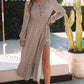 Smoke Gray Dotty Print Button V Neck Long Sleeve Ruffled Dress