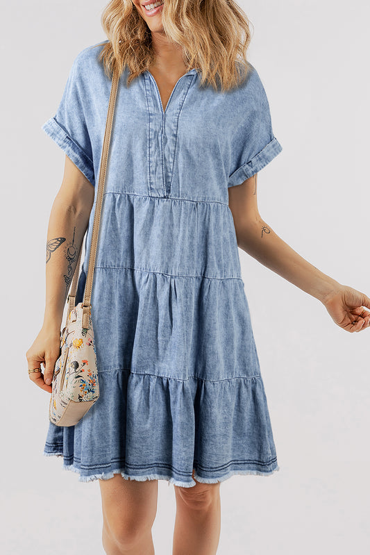 Beau Blue Acid Wash V Neck Tiered Denim Dress