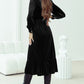 Black Velvet Buttoned Puff Sleeve V Neck Split Midi Dress