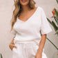 White Relaxed V Neck Blouse and Drawstring Raw Hem Shorts Set