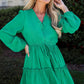 Sea Green Frilly V Neck Puff Sleeve Drawstring Shift Mini Dress