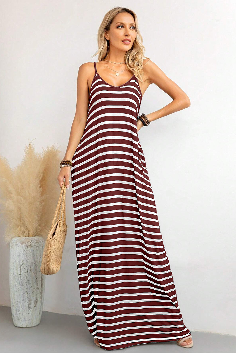 Red Stripe Side Pockets Spaghetti Straps Maxi Dress