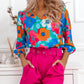 Multicolor Floral Print V Neck 3/4 Sleeve Blouse