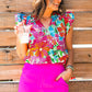 Multicolour Floral Flutter Sleeve Notched V Neck Blouse