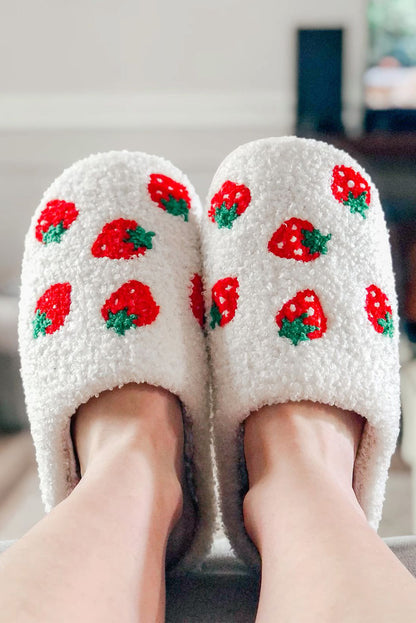 White Cute Fuzzy Strawberry Pattern Home Slippers