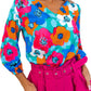 Multicolor Floral Print V Neck 3/4 Sleeve Blouse