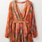 Orange Boho Paisley Print Long Sleeve Pleated Belted Mini Dress