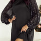 Black Glittering Mesh Sleeve Mock Neck Mini Dress