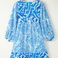 Sky Blue Bohemian Print Puff Sleeve Tied V Neck Flared Mini Dress