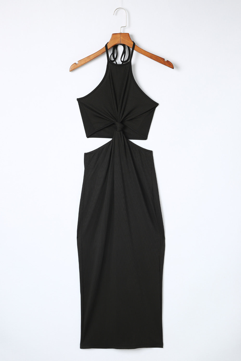 Black Cutout Twist Halter Sleeveless Pencil Midi Dress