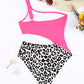 Rose Leopard Patchwork Asymmetric Cutout One Piece Swimsuit