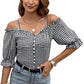 Black Sweetheart Gingham Button Down Cold Shoulder Blouse