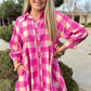 Rose Red Plaid Collared Bracelet Sleeve Shirt Flare Mini Dress