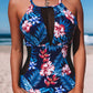 Black Floral Print Mesh Patchwork Criss Cross One-piece Swimsuit