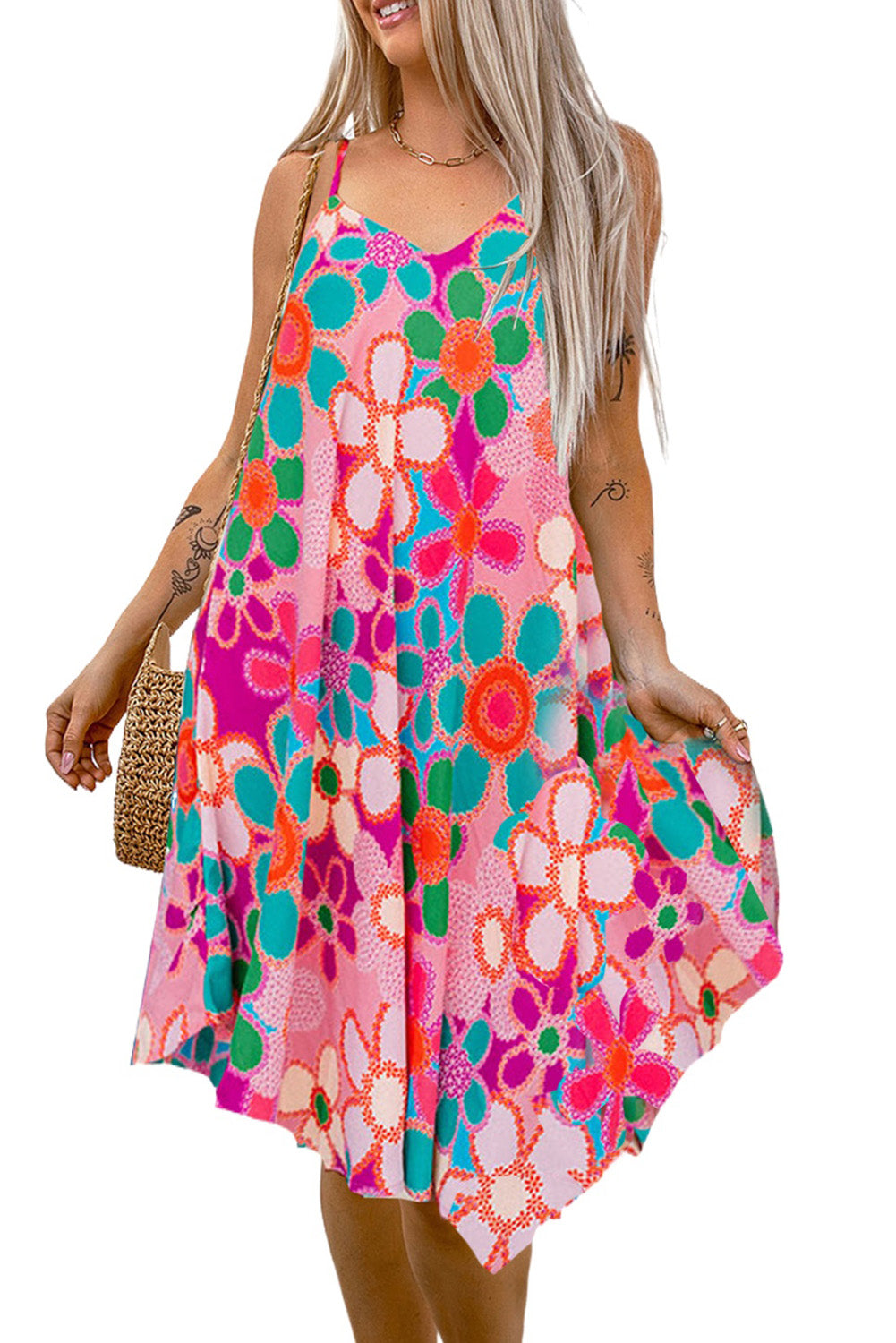 Pink Floral Print Spaghetti STraps Flowy Midi Dress