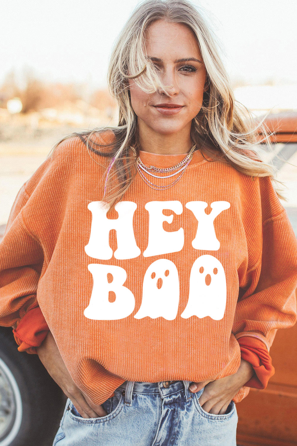 Orange Halloween Hey Boo Ghost Print Loose Sweatshirt