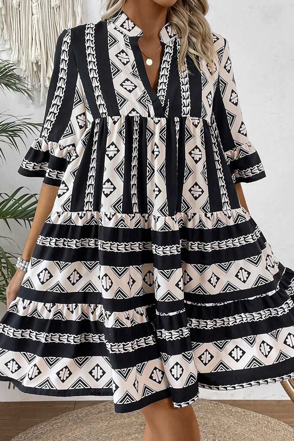 Black Geometric Print V Neck Ruffled Dress