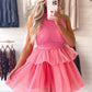 Strawberry Pink Gauze Ruffle Tiered Knotted Halter Dress