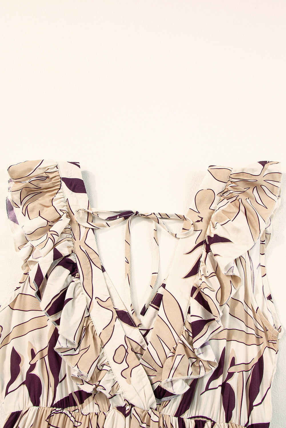 Brown Ruffled V Neck Leaves Print Long Dress