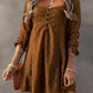 Chestnut Lace Crochet Buttoned Square Neck Shift Mini Dress