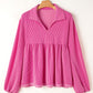 Bright Pink Corded Turn-down V Neck Bubble Sleeve Babydoll Blouse