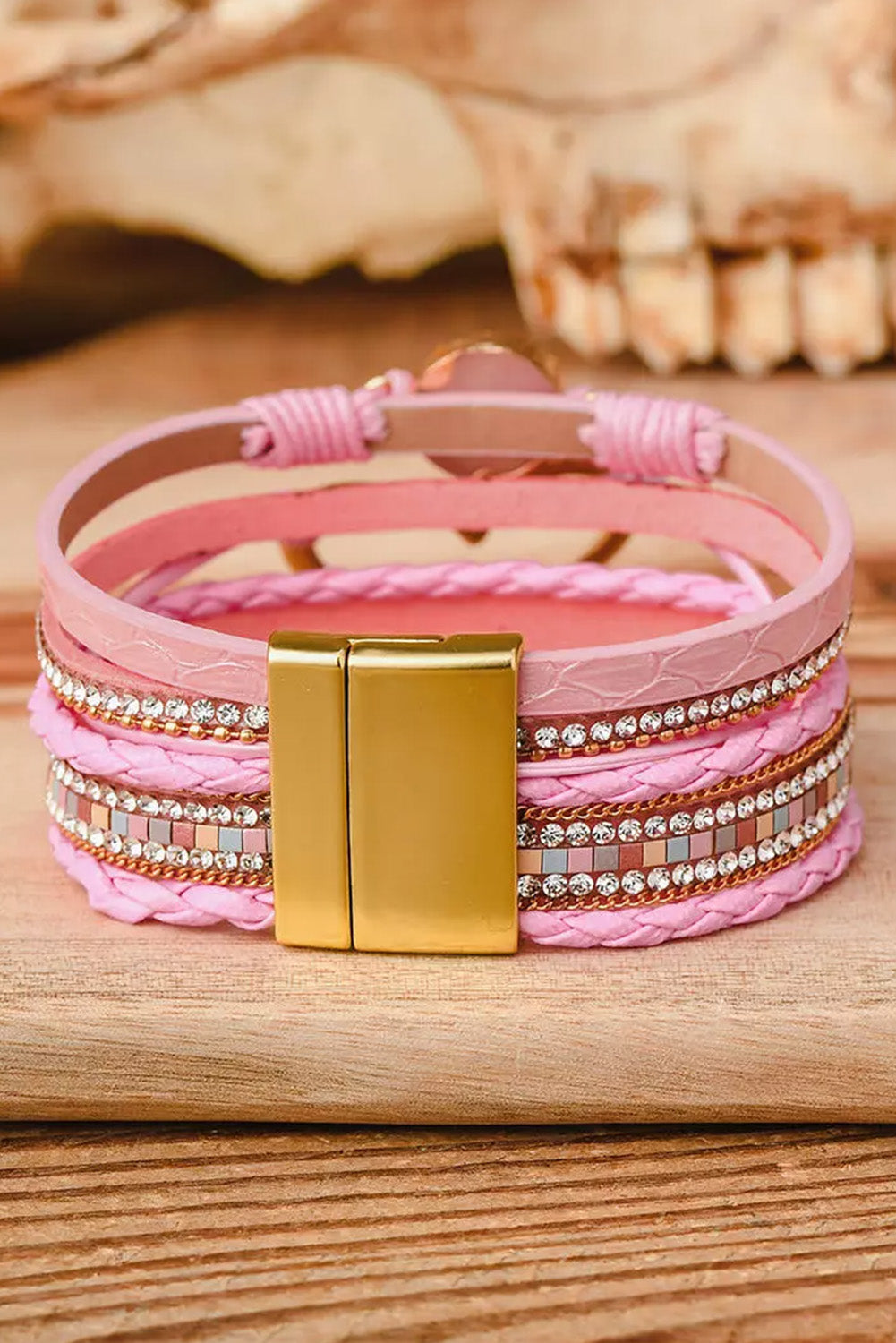 Pink Bohemian Heart Rhinestone Magnetic Buckle Bracelet