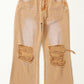 Brown Distressed Hollow-out High Waist Cropped Flare Jeans