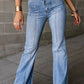 Light Blue Fly Button Exposed Seam Patched Pocket Flare Jeans