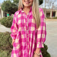 Rose Red Plaid Collared Bracelet Sleeve Shirt Flare Mini Dress